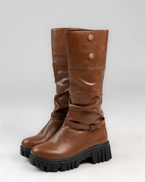 Chunky Fit Round Toe Buckle Knee High Boots in Brown