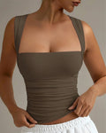 Square Neck Slim-Fit Straight Hem Solid Sleeveless Tank Top in Brown