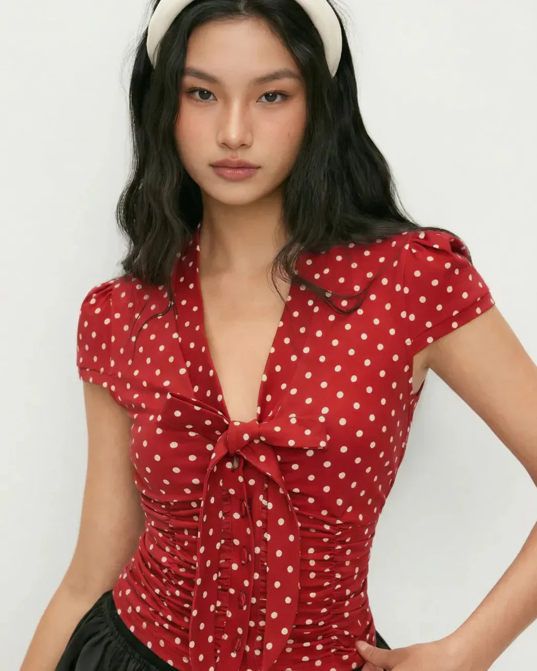 Polka Dot V-neck Puff Sleeve Bowknot Top