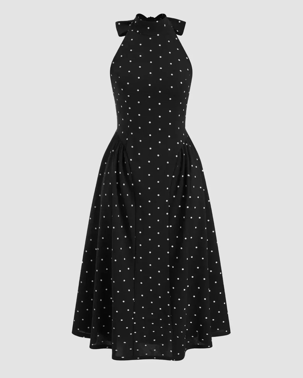 Polka Dot Halter Neckline Knotted Flared Midi Dress