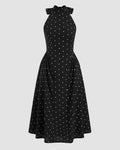 Polka Dot Halter Neckline Knotted Flared Midi Dress