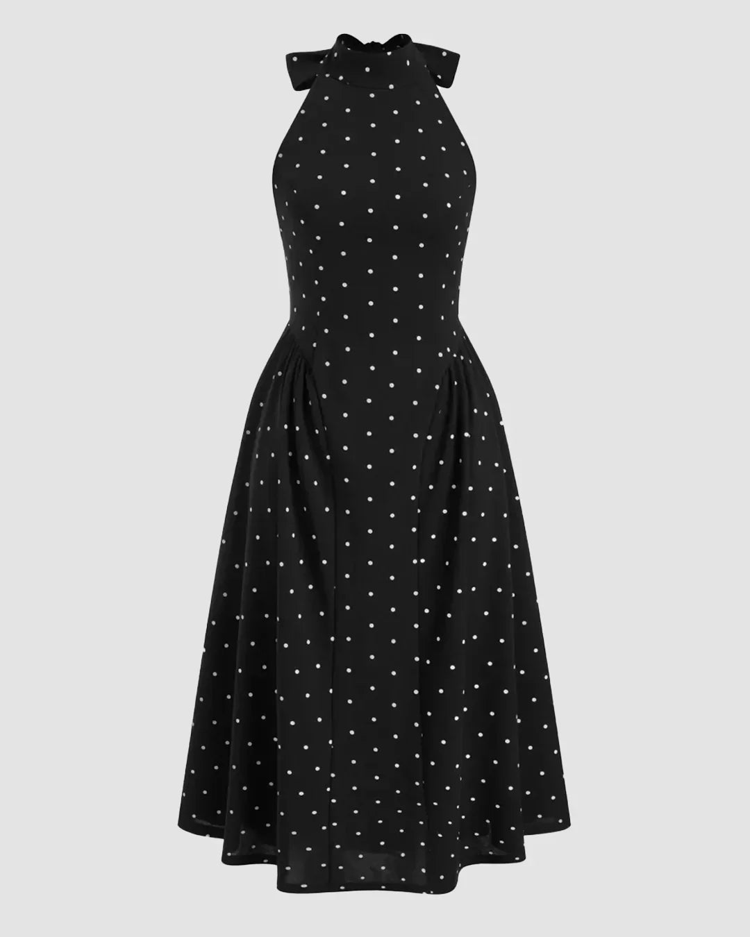 Polka Dot Halter Neckline Knotted Flared Midi Dress