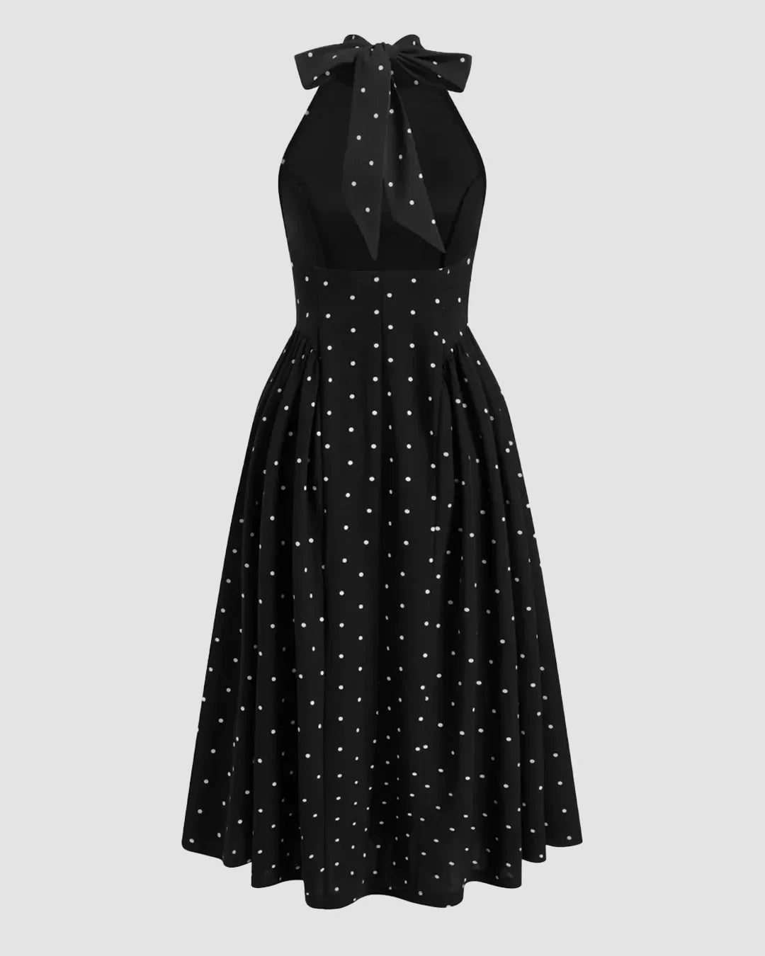 Polka Dot Halter Neckline Knotted Flared Midi Dress