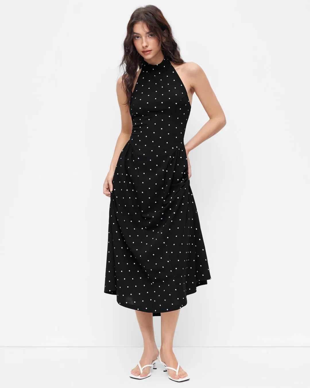 Polka Dot Halter Neckline Knotted Flared Midi Dress