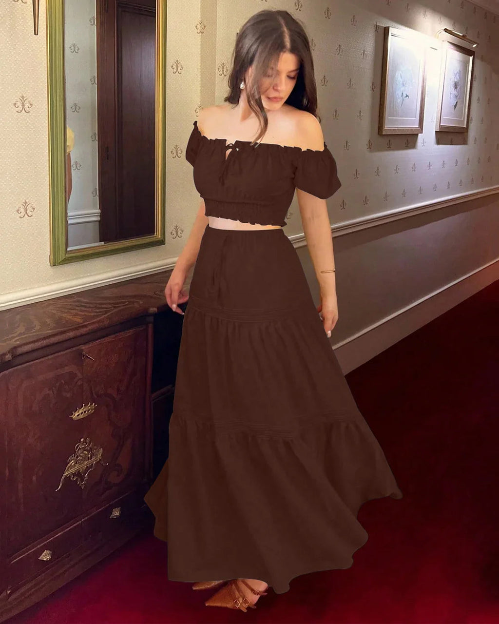 Off-Shoulder Puff Sleeve Slim Fit Top and A-Line Solid Skirt Set in Chocolate