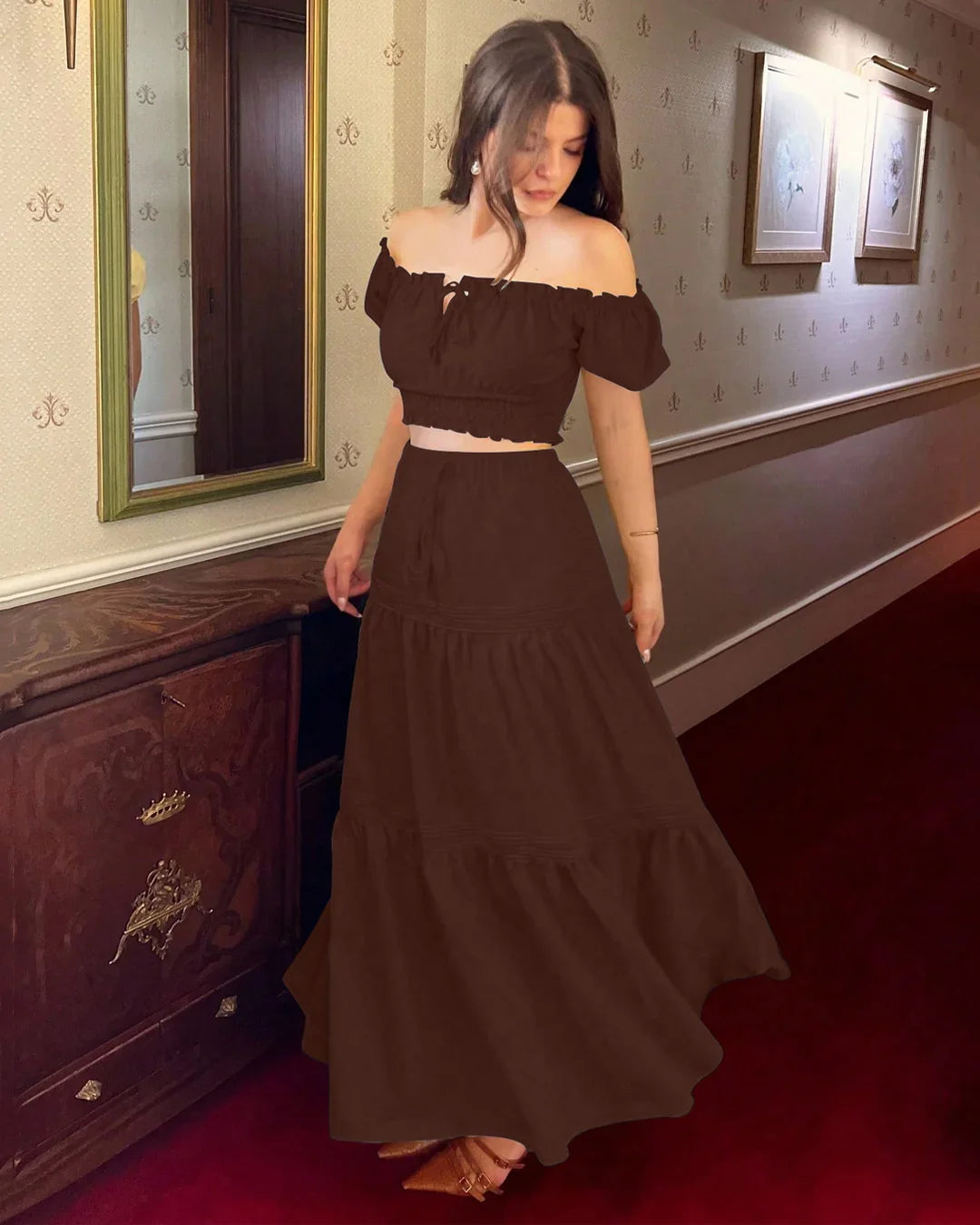 Off-Shoulder Puff Sleeve Slim Fit Top and A-Line Solid Skirt Set in Chocolate