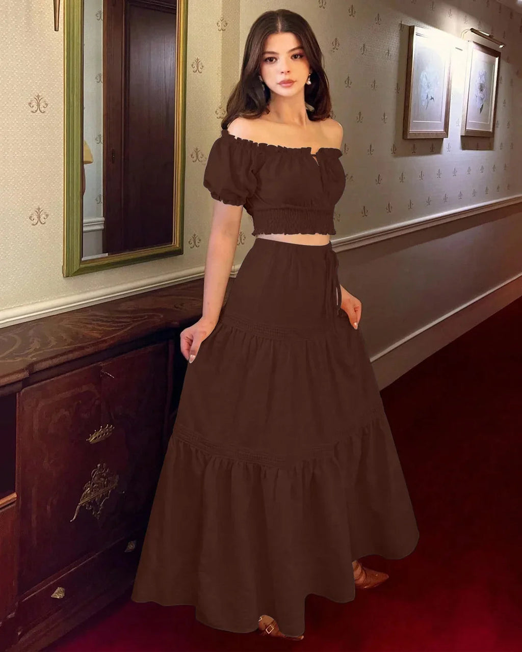 Off-Shoulder Puff Sleeve Slim Fit Top and A-Line Solid Skirt Set in Chocolate