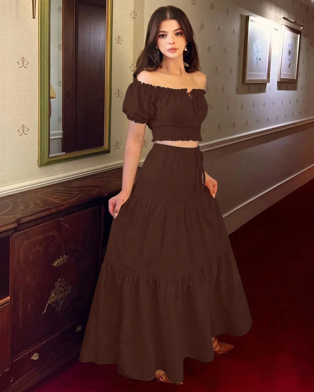 Off-Shoulder Puff Sleeve Slim Fit Top and A-Line Solid Skirt Set in Chocolate