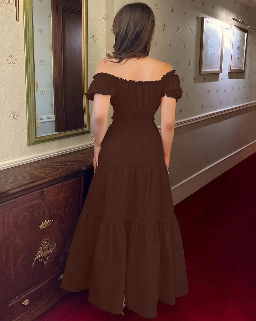 Off-Shoulder Puff Sleeve Slim Fit Top and A-Line Solid Skirt Set in Chocolate