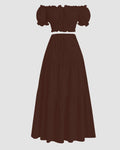 Off-Shoulder Puff Sleeve Slim Fit Top and A-Line Solid Skirt Set in Chocolate