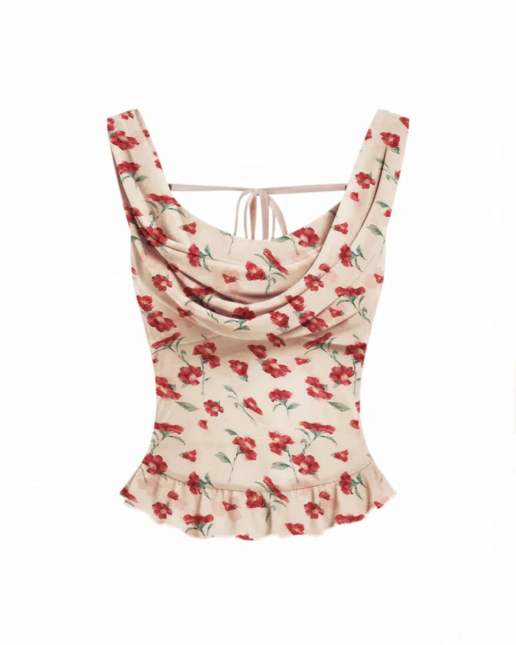 Mesh Cowl Neck Floral Knotted Backless Top