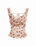 Mesh Cowl Neck Floral Knotted Backless Top