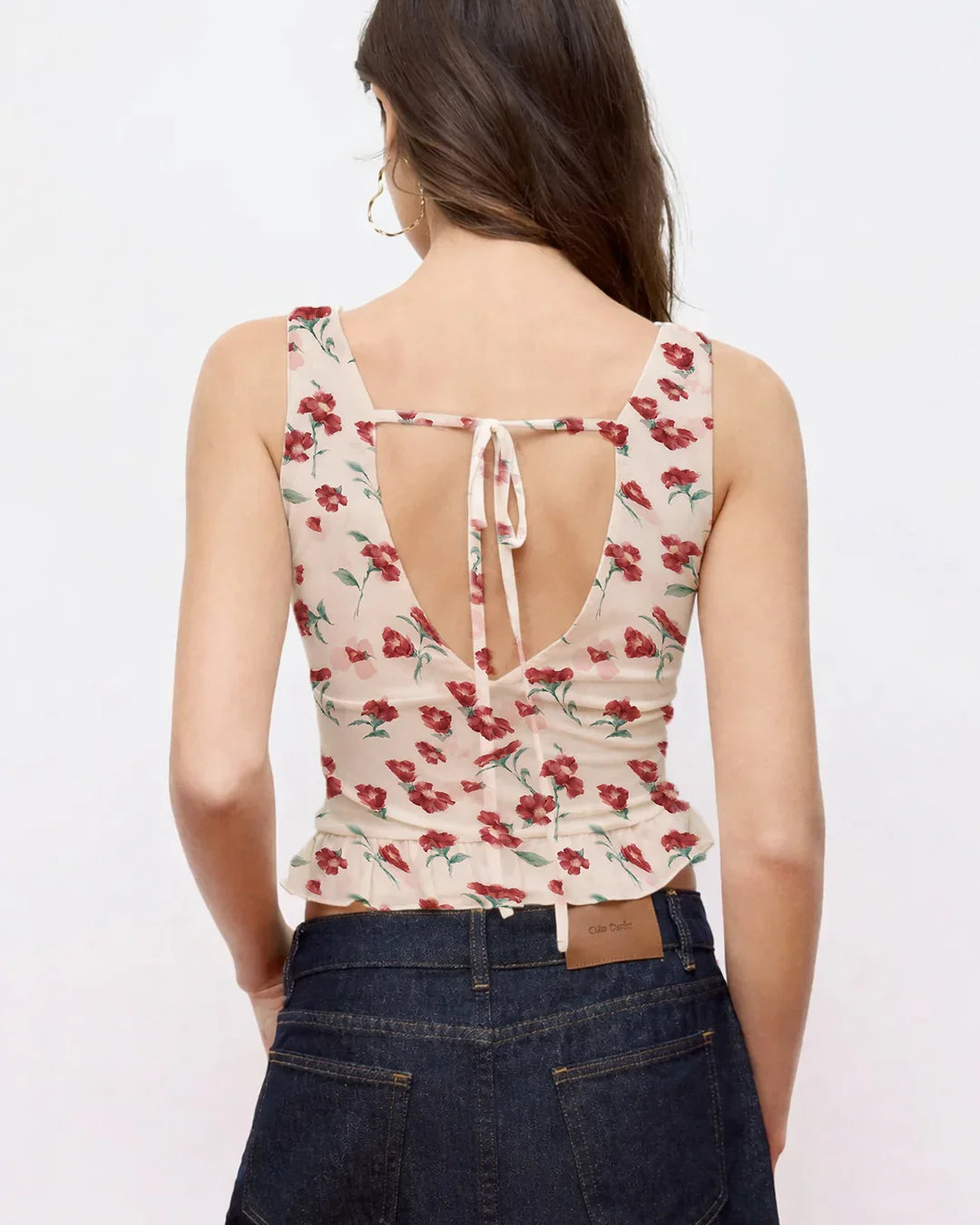 Mesh Cowl Neck Floral Knotted Backless Top