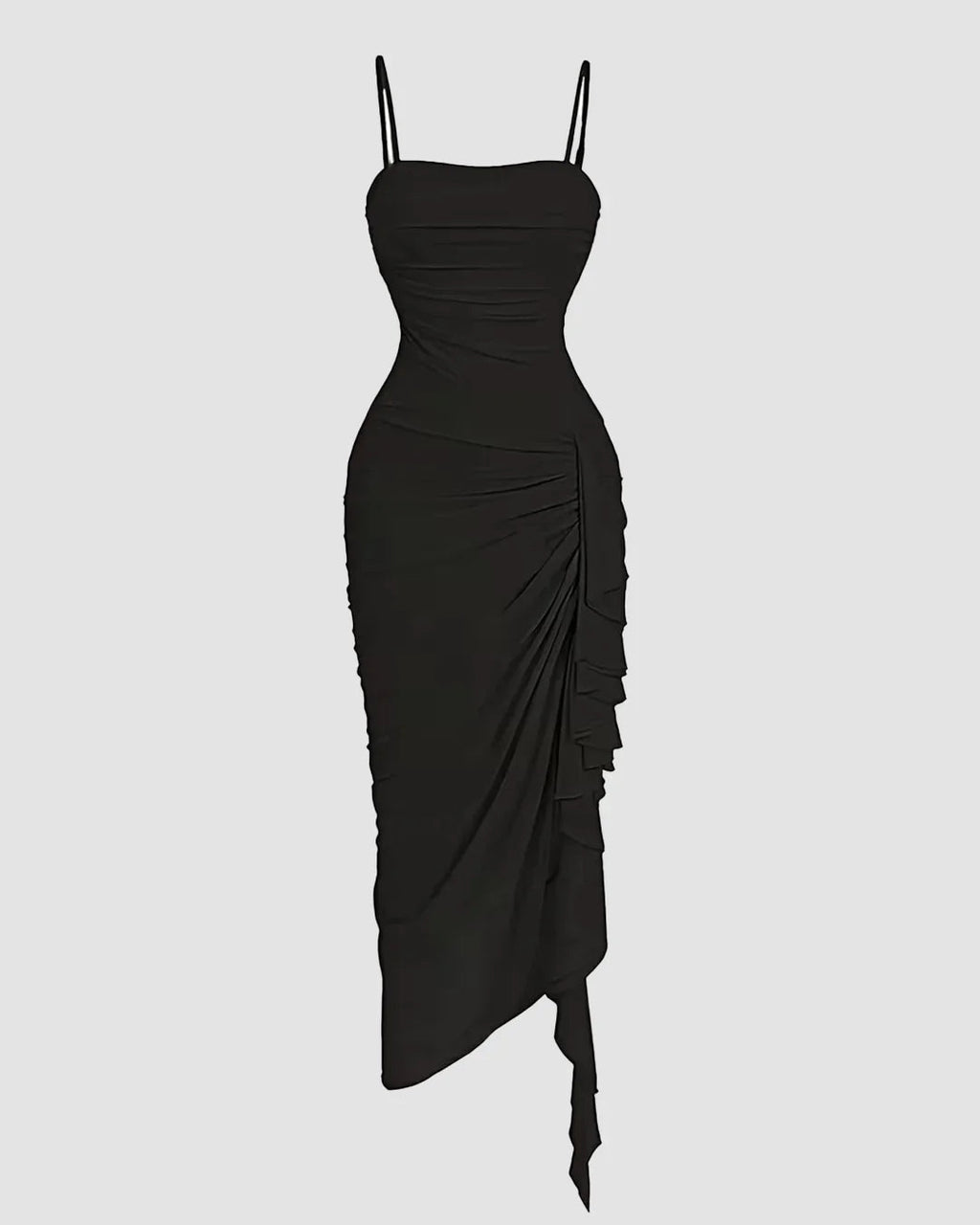 Straight Neck Slim Fit Asymmetrical Hem Pleated Sleeveless Midi Dress in Black