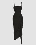 Straight Neck Slim Fit Asymmetrical Hem Pleated Sleeveless Midi Dress in Black