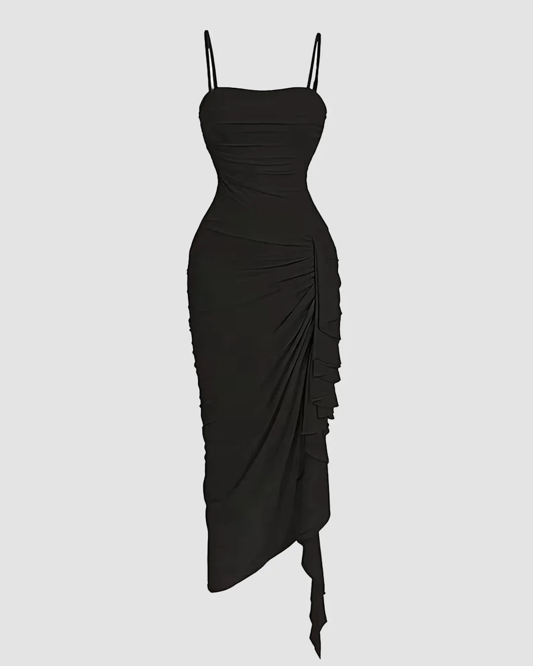 Straight Neck Slim Fit Asymmetrical Hem Pleated Sleeveless Midi Dress in Black