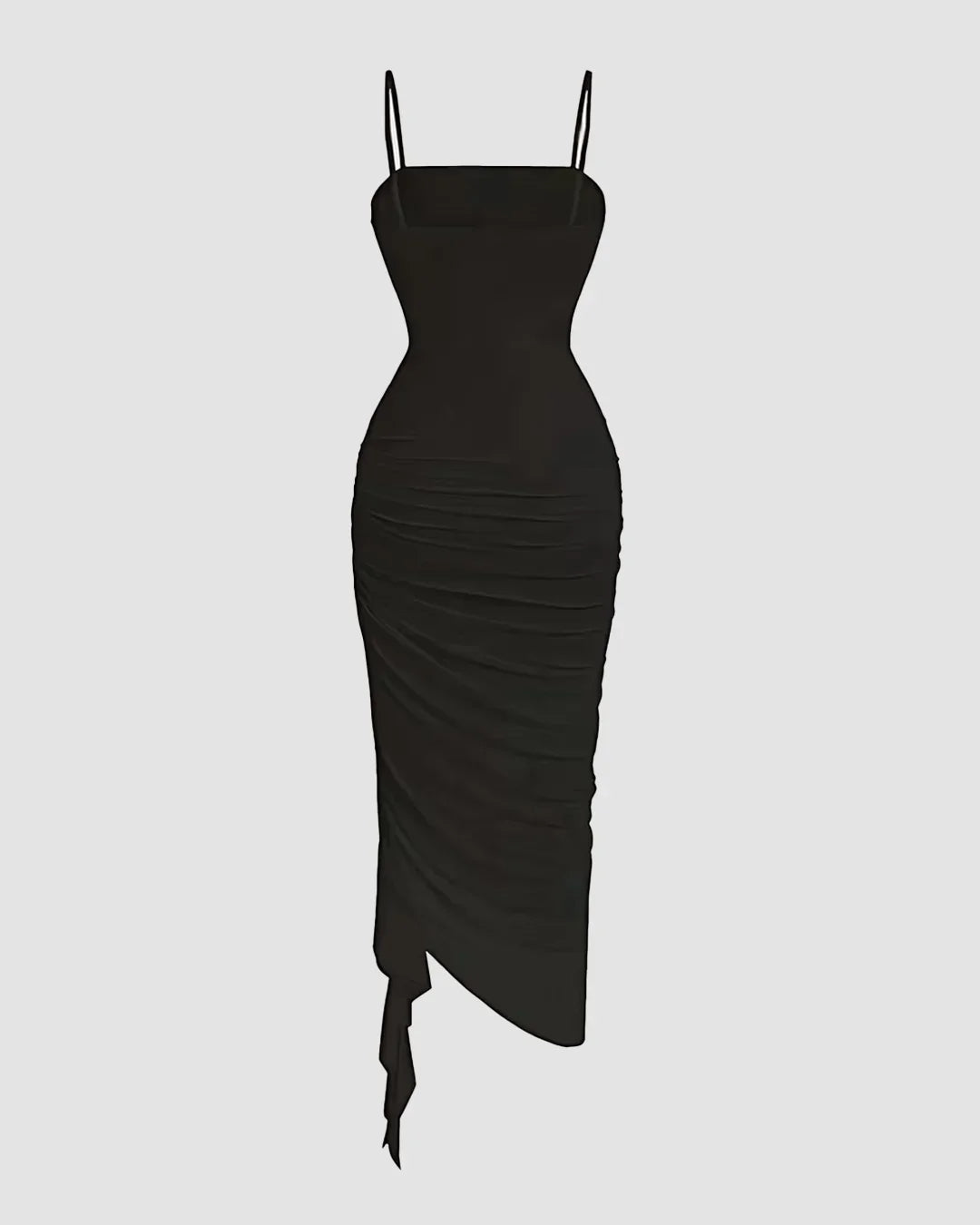 Straight Neck Slim Fit Asymmetrical Hem Pleated Sleeveless Midi Dress in Black