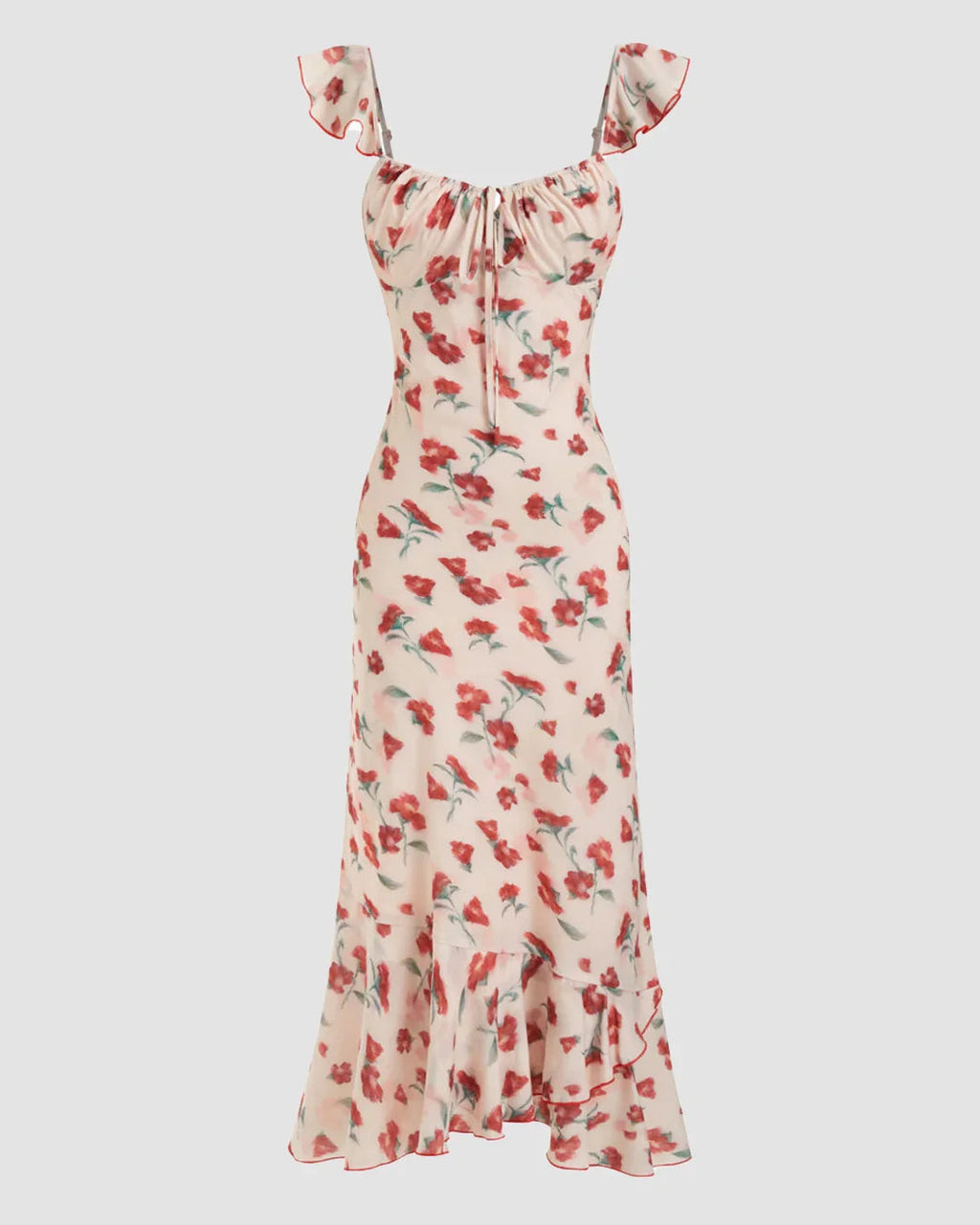 Chiffon Floral Sweetheart Neck Ruffle Hem Maxi Dress