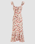 Chiffon Floral Sweetheart Neck Ruffle Hem Maxi Dress