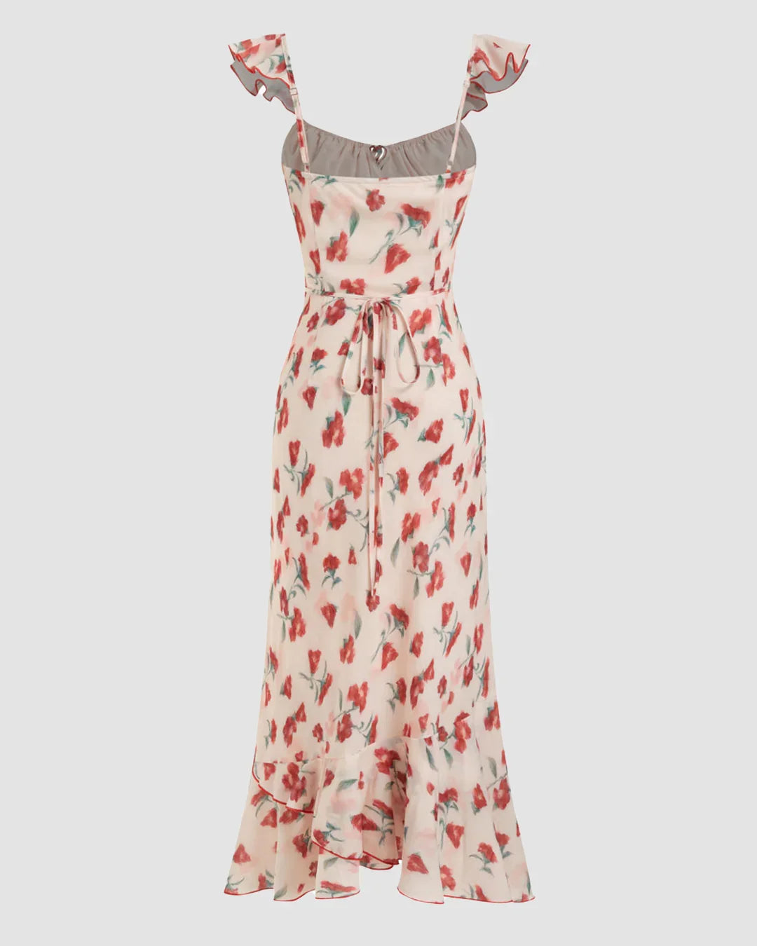 Chiffon Floral Sweetheart Neck Ruffle Hem Maxi Dress