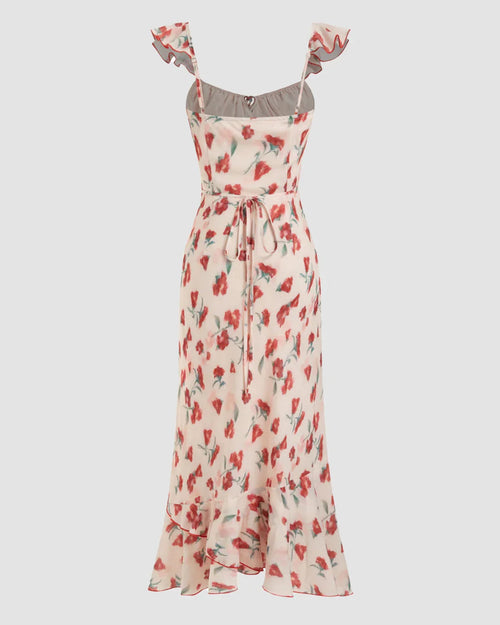 Chiffon Floral Sweetheart Neck Ruffle Hem Maxi Dress