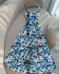 Sleeveless Square Neck Fit & Flare Floral Maxi Dress in White and Blue