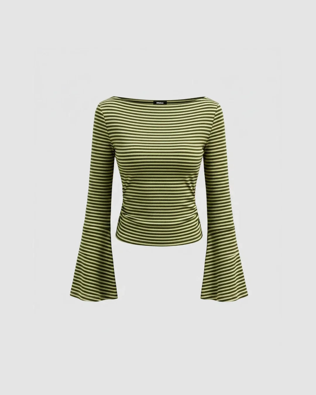 Boat Neck Slim Fit Straight Hem Striped Pattern Bell Sleeve Top