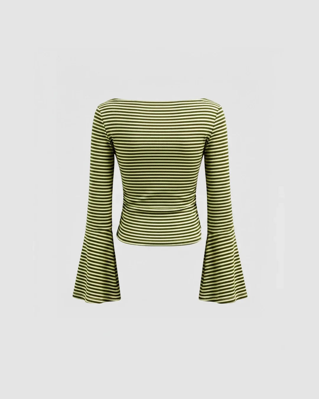 Boat Neck Slim Fit Straight Hem Striped Pattern Bell Sleeve Top