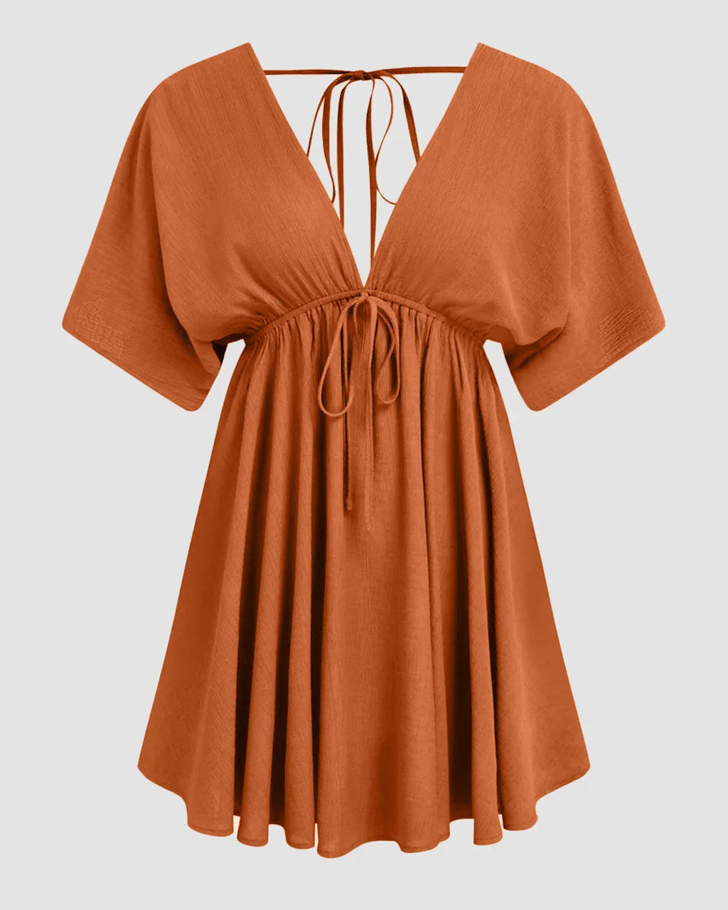 V-neck Ruffle Hem Backless Knotted Middle Sleeve Mini Dress in Rust