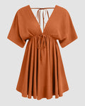 V-neck Ruffle Hem Backless Knotted Middle Sleeve Mini Dress in Rust