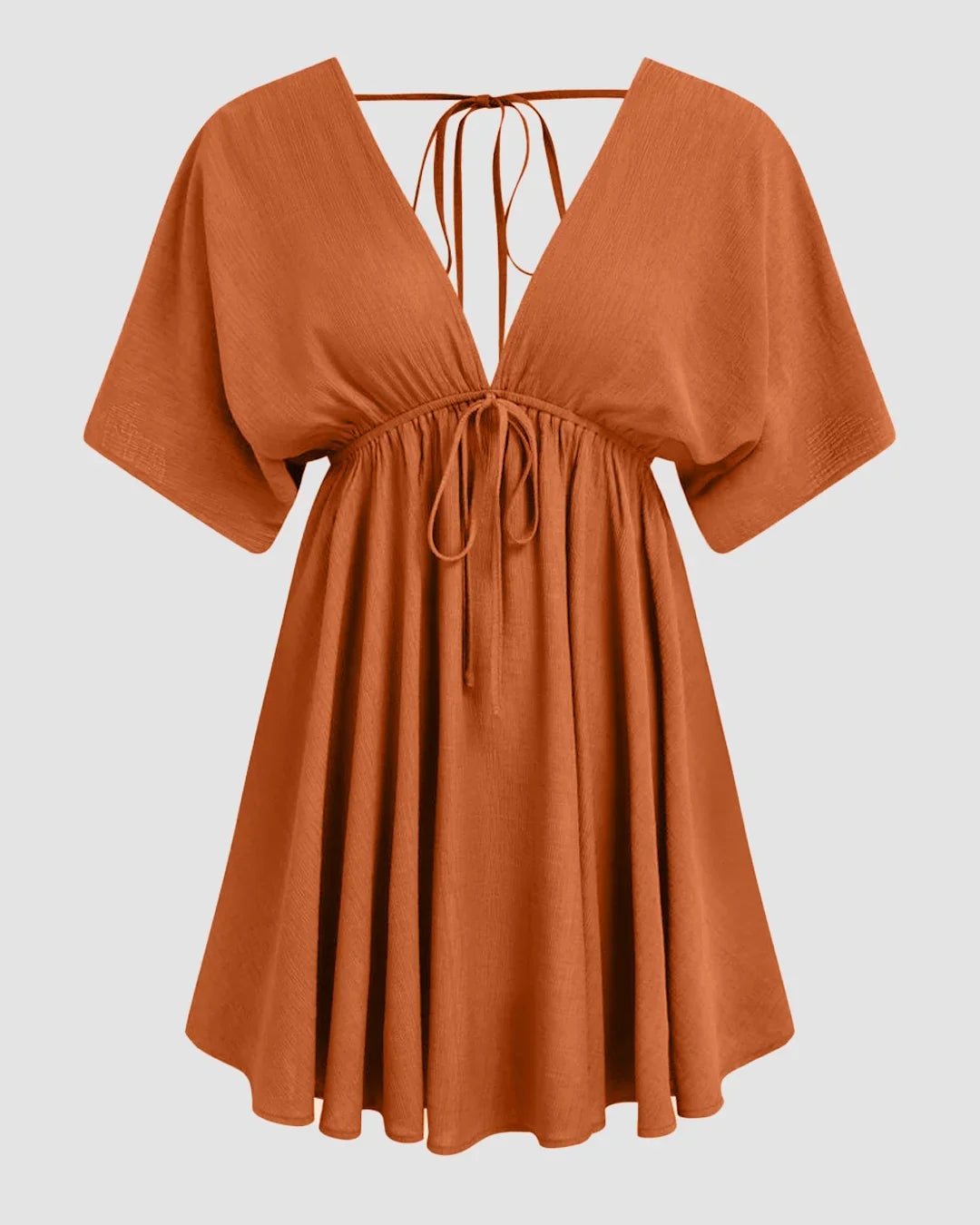 V-neck Ruffle Hem Backless Knotted Middle Sleeve Mini Dress in Rust