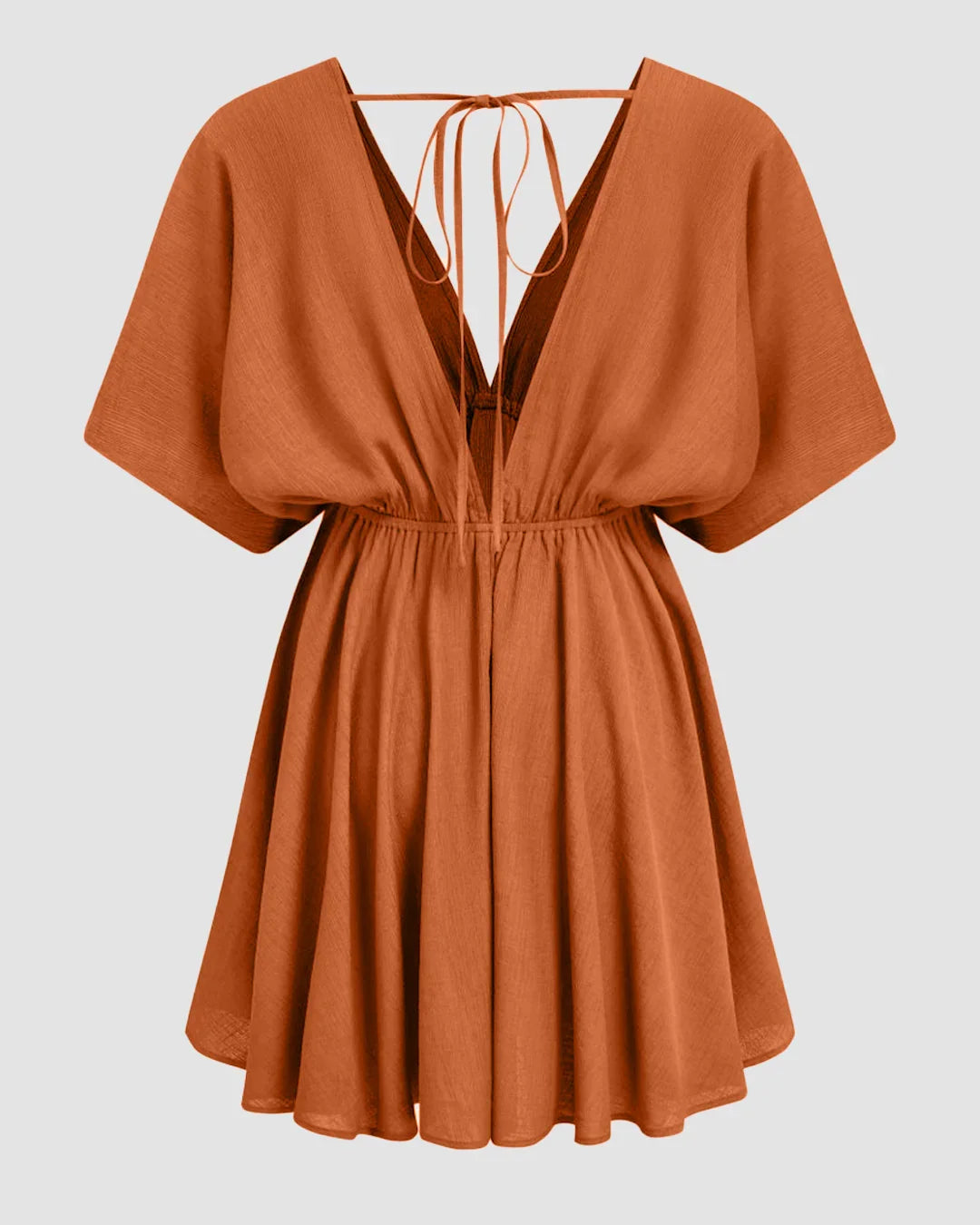 V-neck Ruffle Hem Backless Knotted Middle Sleeve Mini Dress in Rust