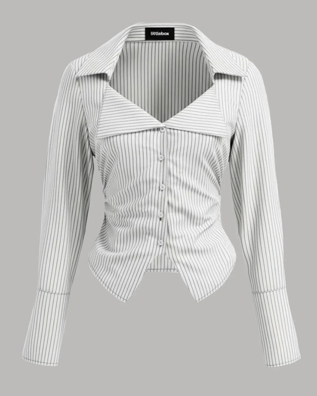White Stripe Collar Long Sleeve Ruched Asymmetrical Hem Shirt