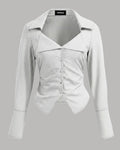 White Stripe Collar Long Sleeve Ruched Asymmetrical Hem Shirt