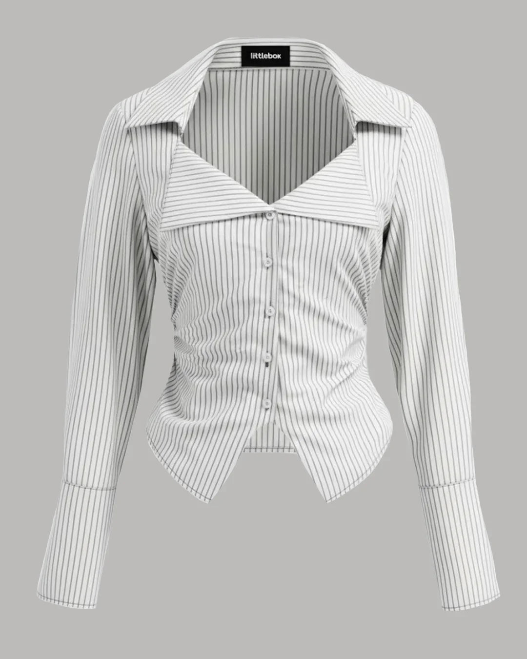White Stripe Collar Long Sleeve Ruched Asymmetrical Hem Shirt