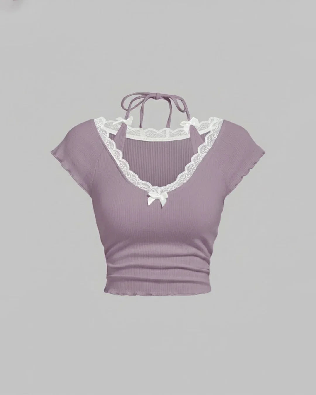 Lace Trim Halter Tie Neck in Lilac