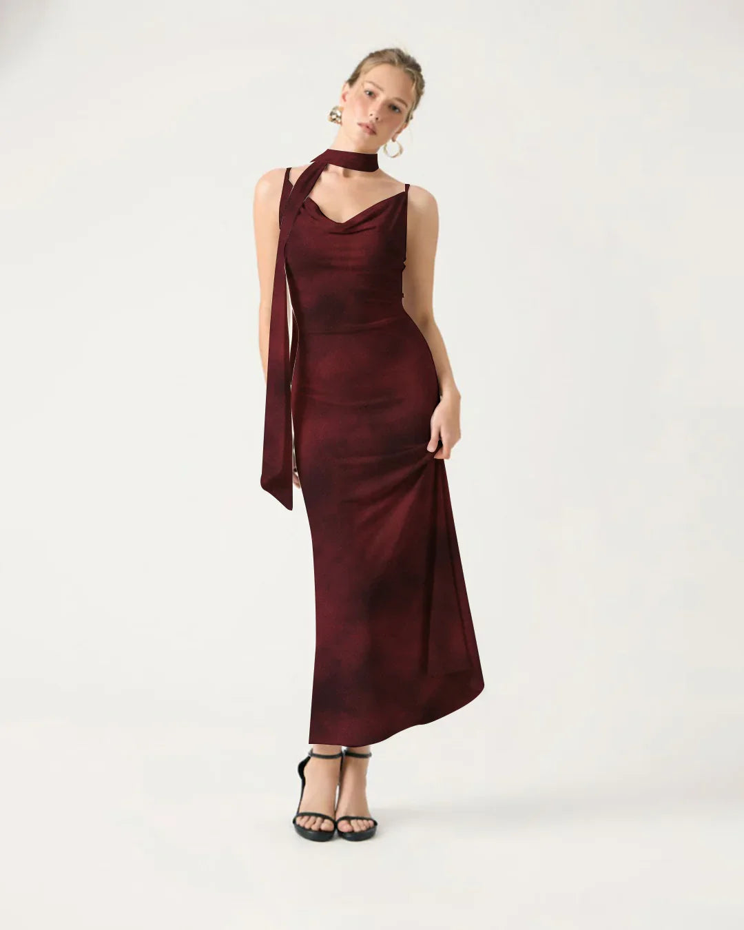 Jersey Cowl Neck Ruched Mermaid Maxi Dress With Scarf