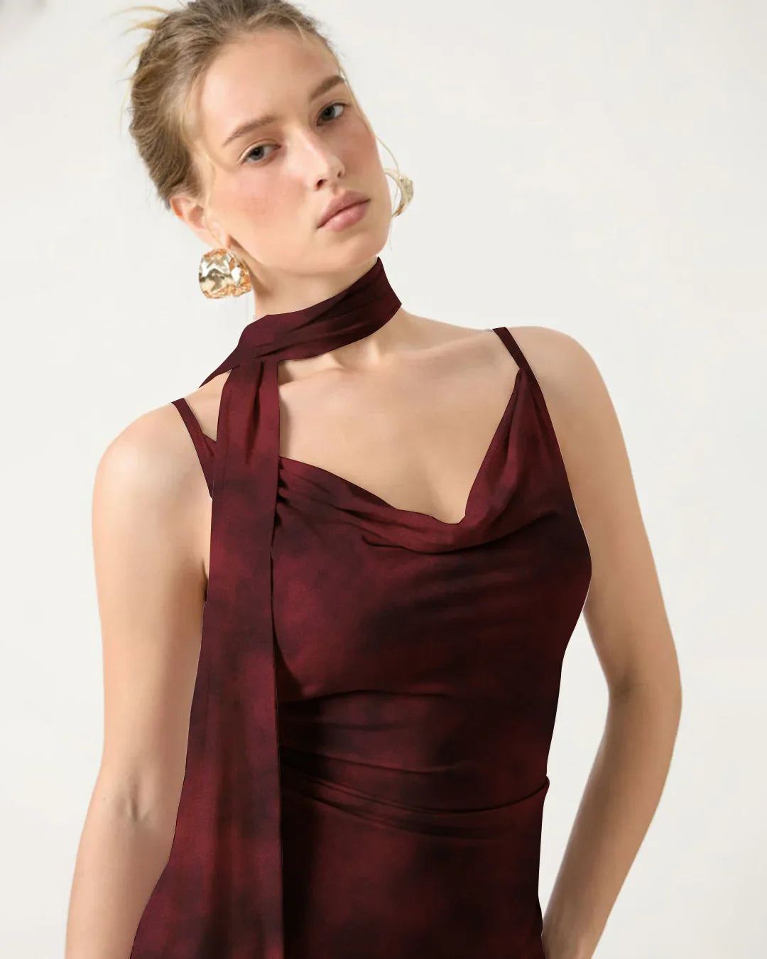 Jersey Cowl Neck Ruched Mermaid Maxi Dress With Scarf