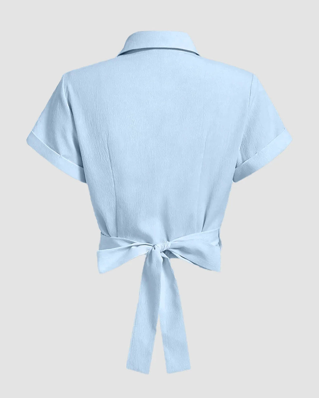 Collared Cross Hem Solid Short Sleeve Back Bow Shirt in Light Blue