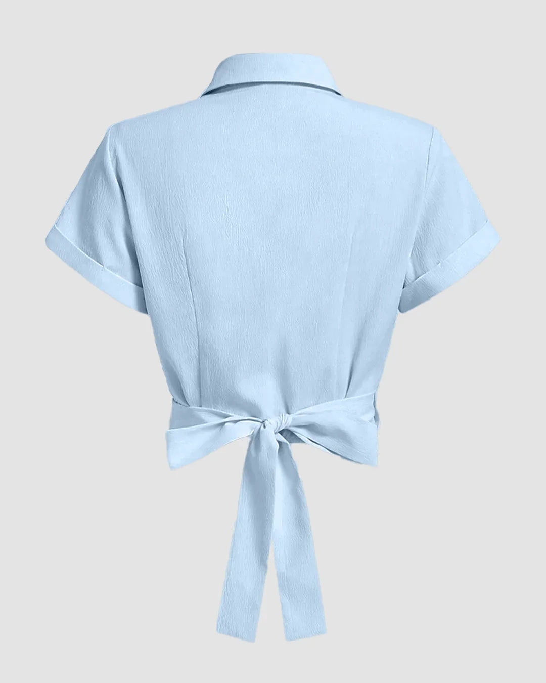 Collared Cross Hem Solid Short Sleeve Back Bow Shirt in Light Blue