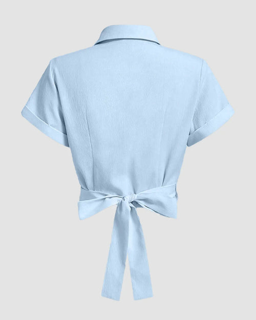 Collared Cross Hem Solid Short Sleeve Back Bow Shirt in Light Blue