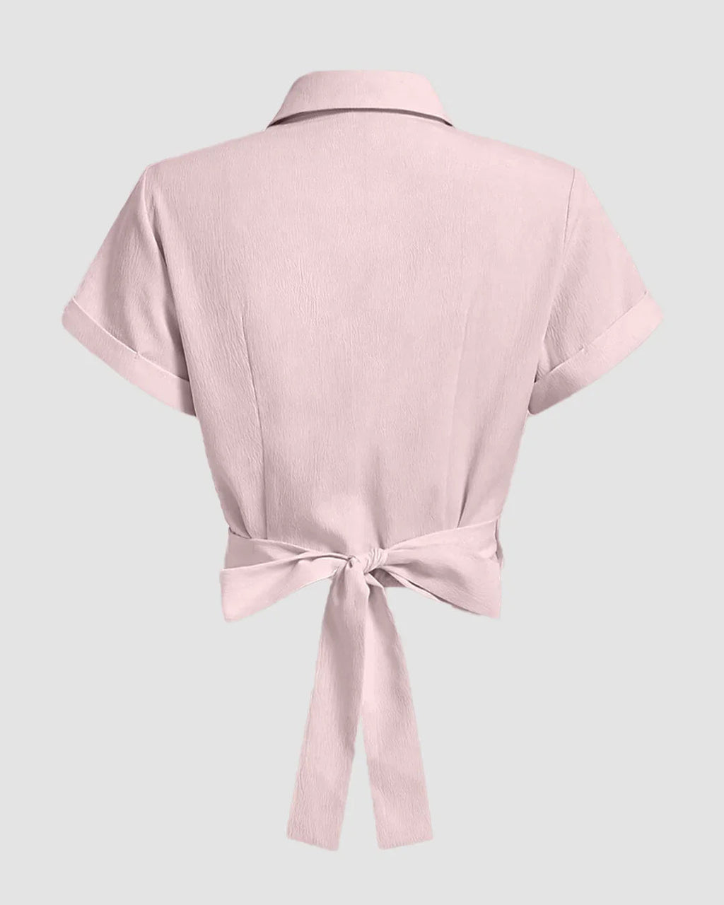 Collared Cross Hem Solid Short Sleeve Back Bow Shirt in Pink