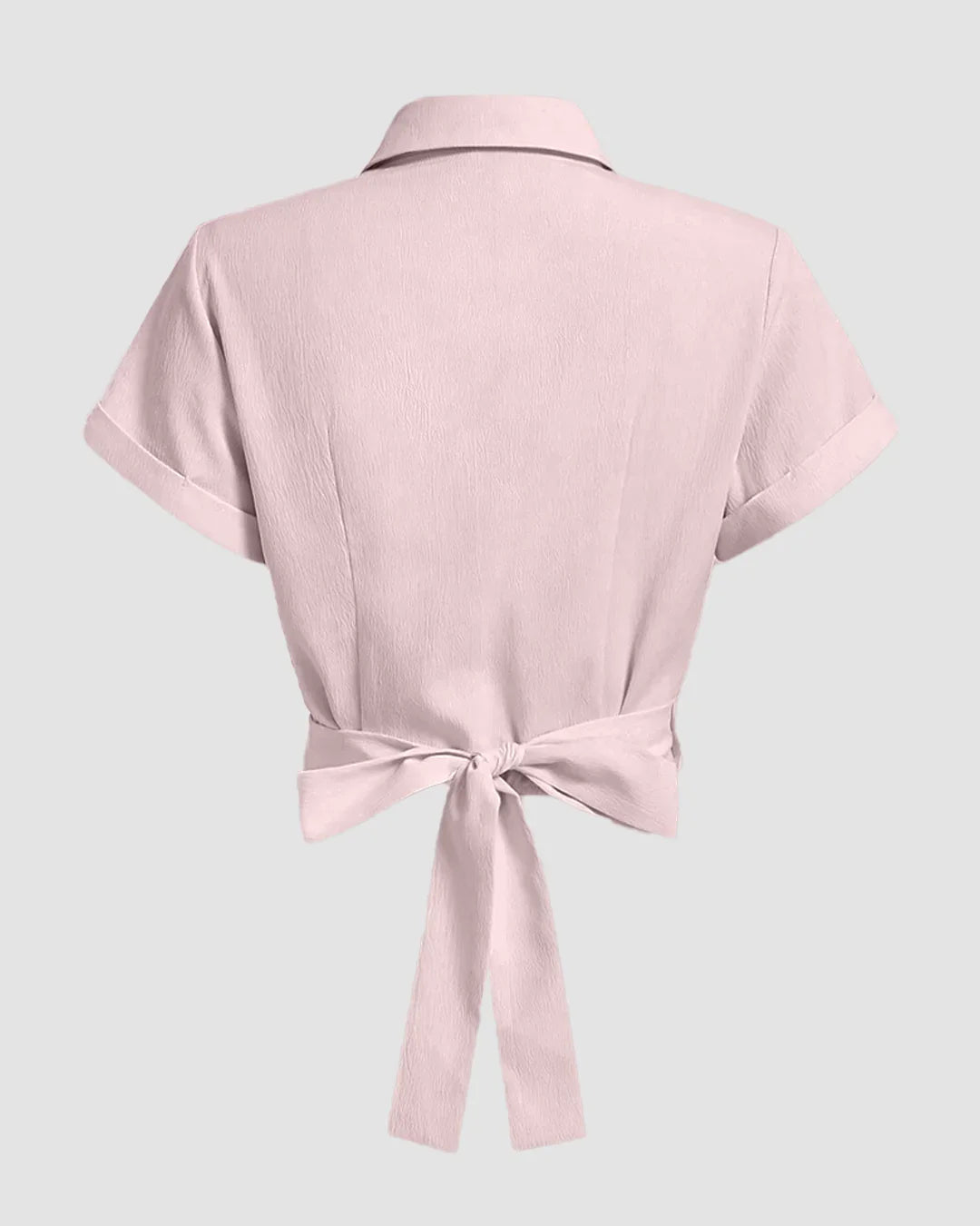 Collared Cross Hem Solid Short Sleeve Back Bow Shirt in Pink