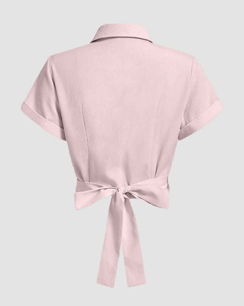 Collared Cross Hem Solid Short Sleeve Back Bow Shirt in Pink