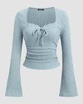 Sweetheart Neck Textured Lace Trim Flared Sleeve Fitted Tie-Bow Top in Sky Blue
