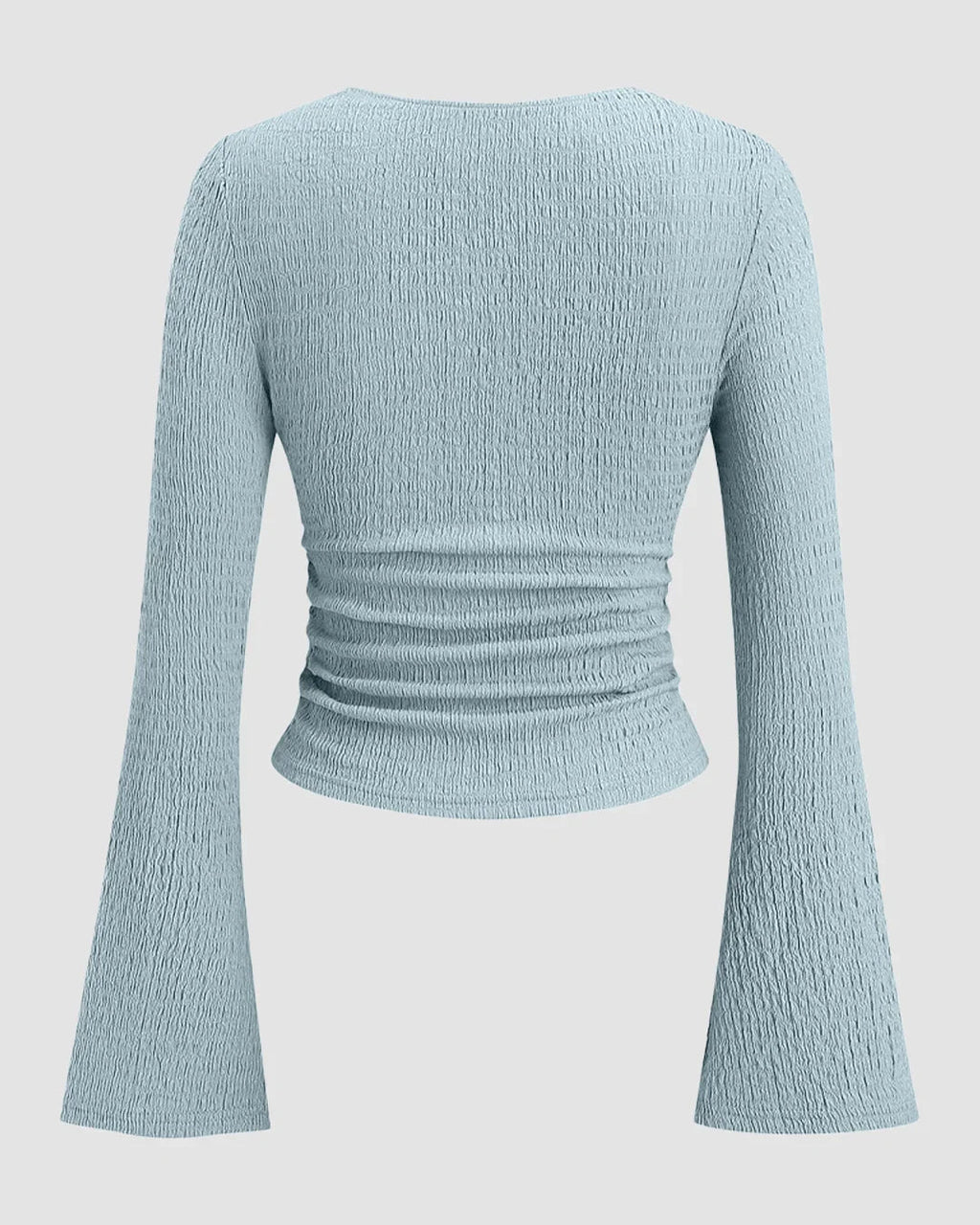 Sweetheart Neck Textured Lace Trim Flared Sleeve Fitted Tie-Bow Top in Sky Blue