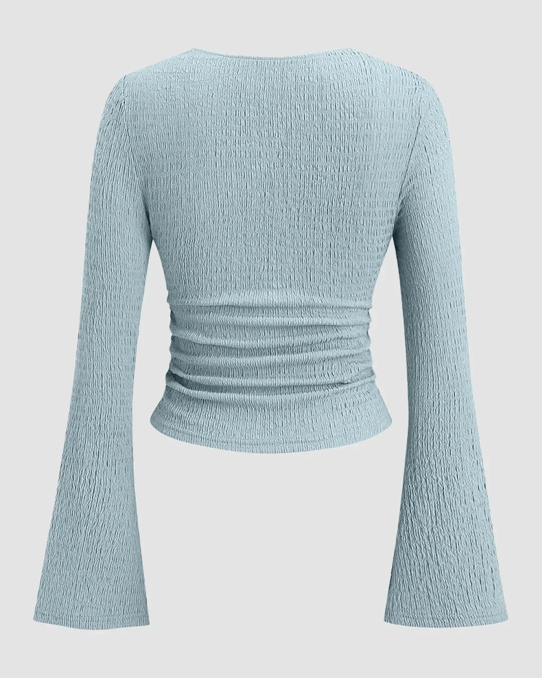 Sweetheart Neck Textured Lace Trim Flared Sleeve Fitted Tie-Bow Top in Sky Blue