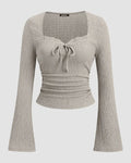 Sweetheart Neck Textured Lace Trim Flared Sleeve Fitted Tie-Bow Top in Light Grey