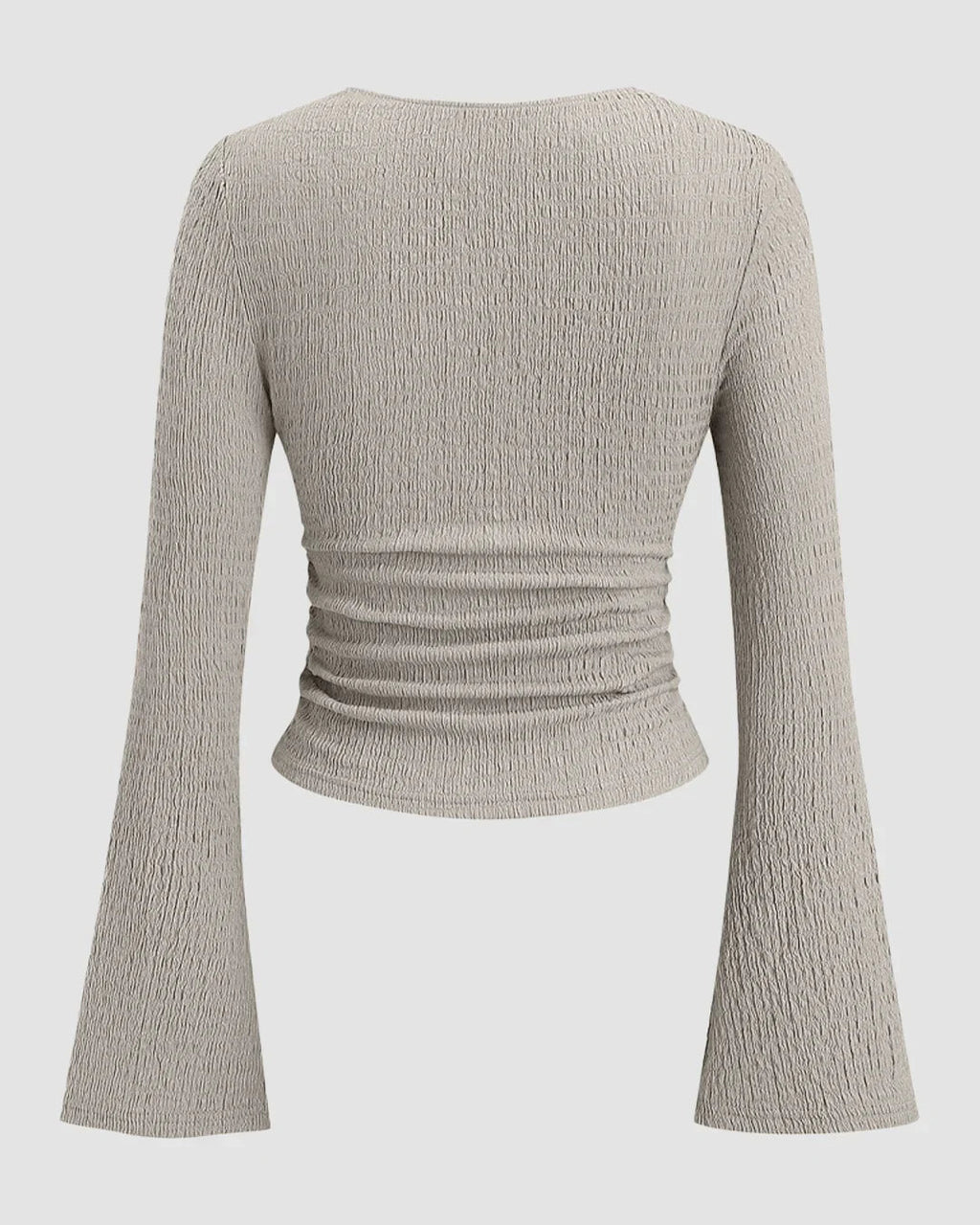 Sweetheart Neck Textured Lace Trim Flared Sleeve Fitted Tie-Bow Top in Light Grey