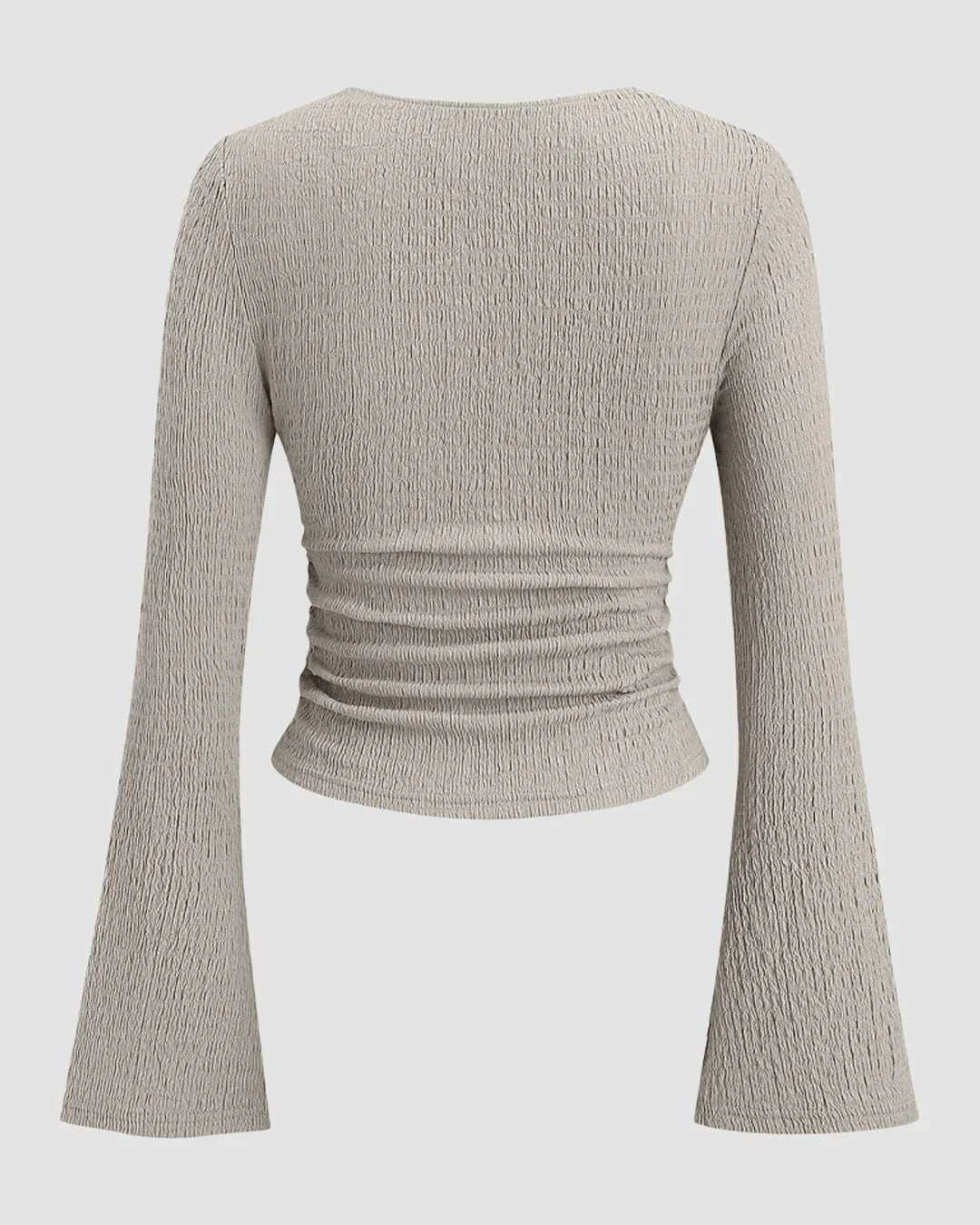 Sweetheart Neck Textured Lace Trim Flared Sleeve Fitted Tie-Bow Top in Light Grey